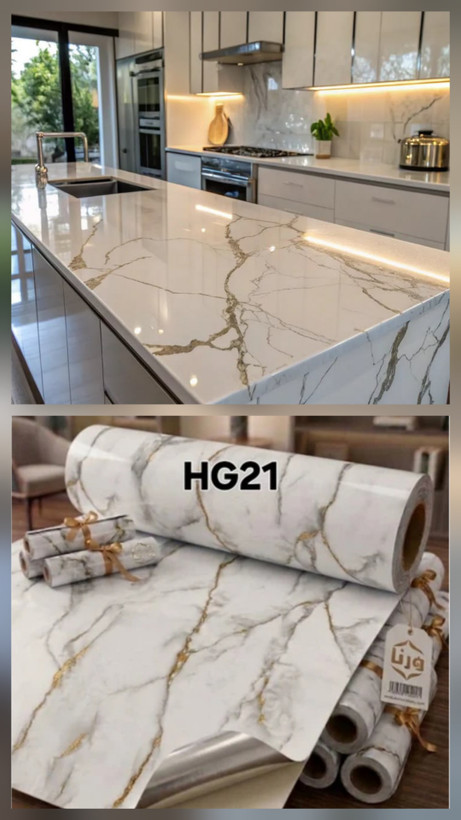 برچسب کابینت طرح سنگ سفید طلایی کد HG21 پشت استیل - ورنا