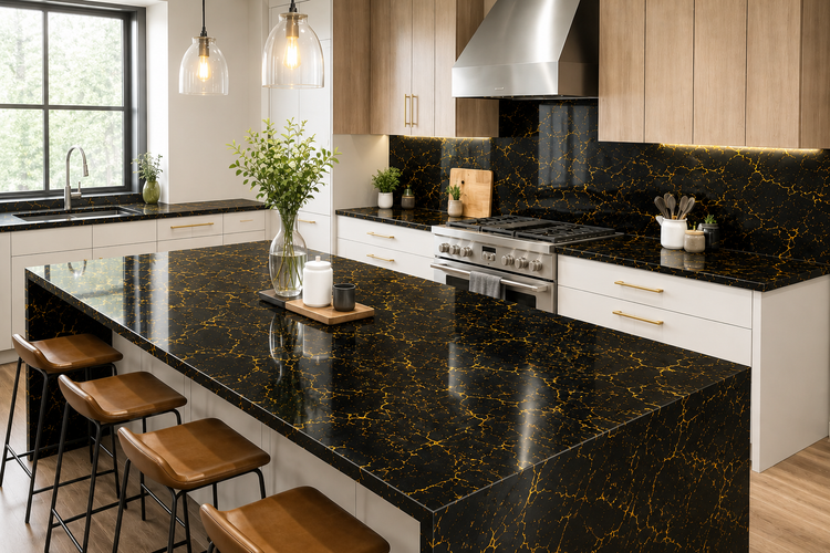 برچسب کابینت طرح سنگ های گلاس مشکی با رگههای طلایی کد 2685 عرض ۶۰ سانت
