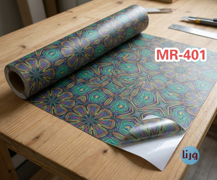 رول برچسب شیشه مات کن خودچسب ورنا مدل MR-401 با طرح هندسی رنگی به صورت نیمه باز روی میز
