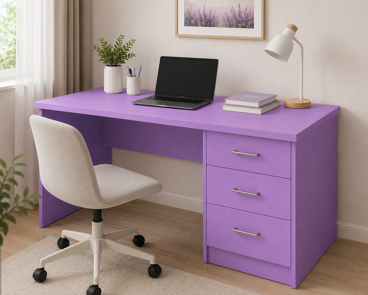 برچسب کابینت بنفش روشن مات کد 2095 نصب شده روی میز تحریر و میز کار، روکش خودچسب 80 میکرون مناسب نوسازی میز، MDF، کمد و سطوح صاف