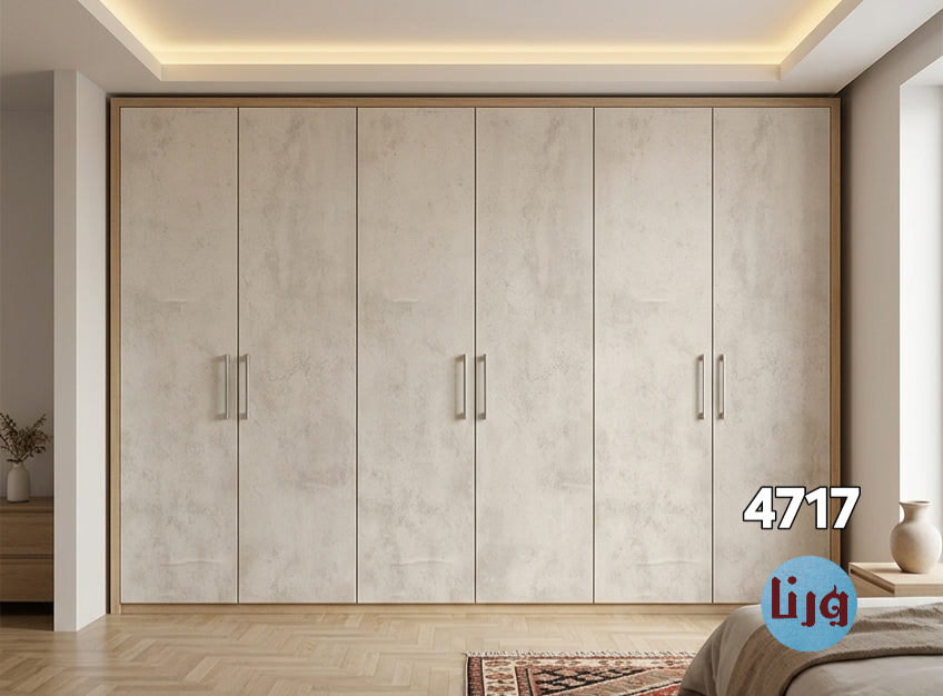 کمد دیواری ۶ درب با برچسب کابینت طرح بتن پتینهای کرم روشن کد 4517 در اتاق خواب مدرن