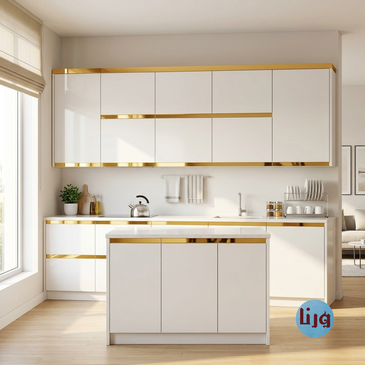تزیین لبه کابینت سفید و کمد با برچسب نواری براق طلایی ۳ سانت خودچسب ضد آب در دکوراسیون آشپزخانه ایرانی