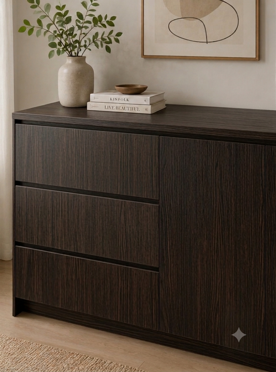 «نمونه نصبشده برچسب کابینت طرح چوب ونگه کد ۶۲۱۰ روی درب کابینت آشپزخانه با نمای لوکس و رگههای طولی واقعگرایانه»