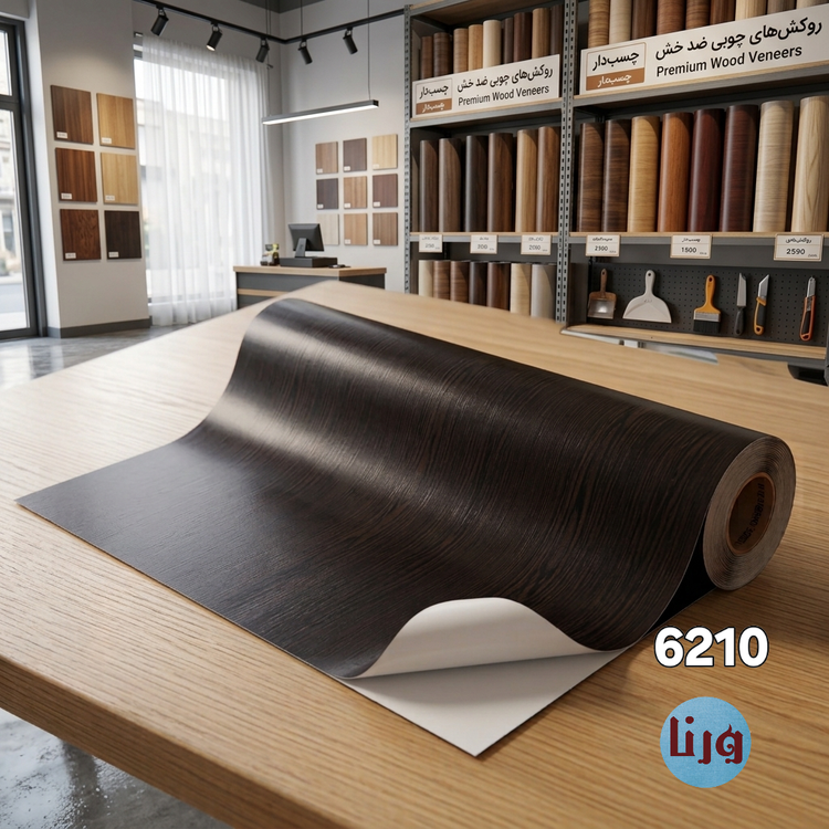رول برچسب کابینت طرح چوب ونگه کد ۶۲۱۰ به صورت نیمهباز روی میز، نمایشدهنده بافت برجسته و رگههای طولی طبیعی محصول