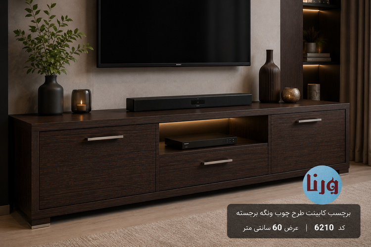میز تلویزیون با برچسب کابینت طرح چوب ونگه قهوهای کد 6210