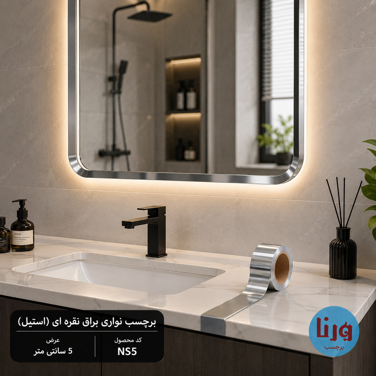 استفاده از برچسب نواری نقرهای استیل NS5 دور آینه سرویس بهداشتی با طراحی مدرن و ضد آب
