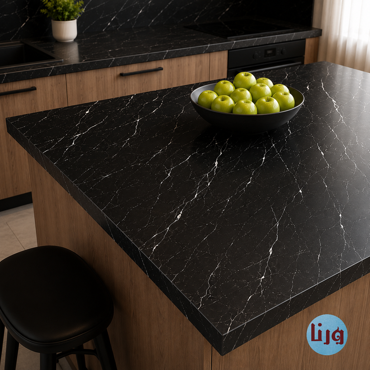 اجرای برچسب کابینت مشکی مات رگه سفید روی کانتر جزیره آشپزخانه کد 3545