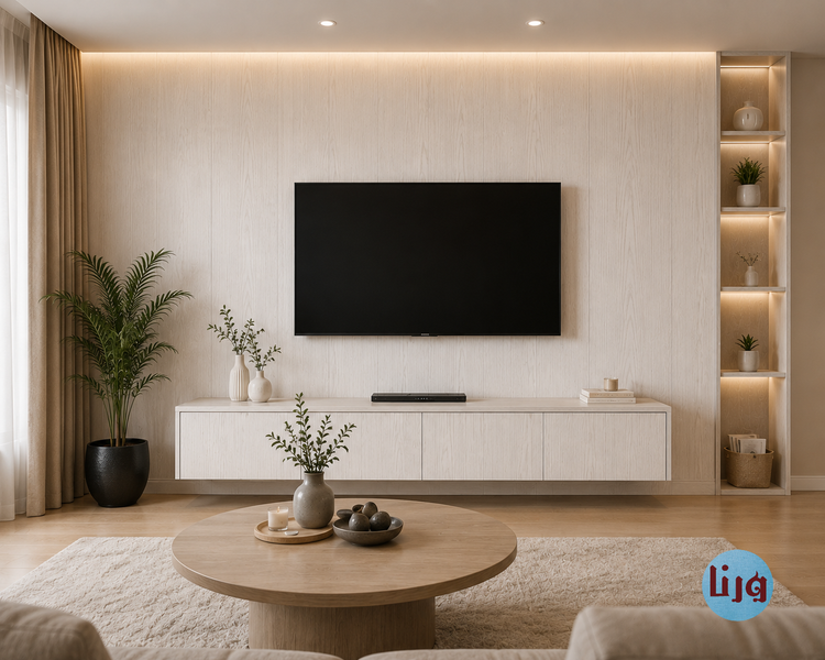اجرای برچسب طرح چوب برجسته سفید رگه نقرهای روی دیوار پشت تلویزیون مدرن کد 6231