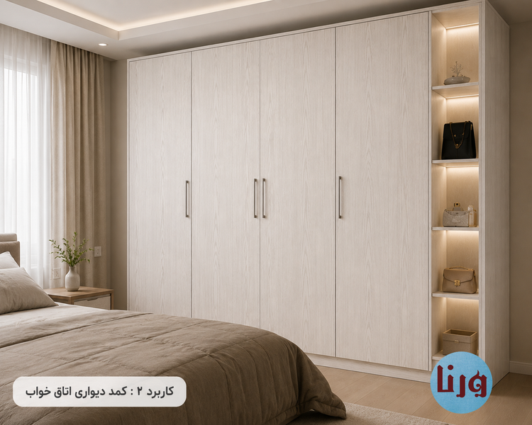 اجرای برچسب طرح چوب برجسته سفید رگه نقرهای روی کمد دیواری اتاق خواب عرض 60 سانتی متر کد 6231