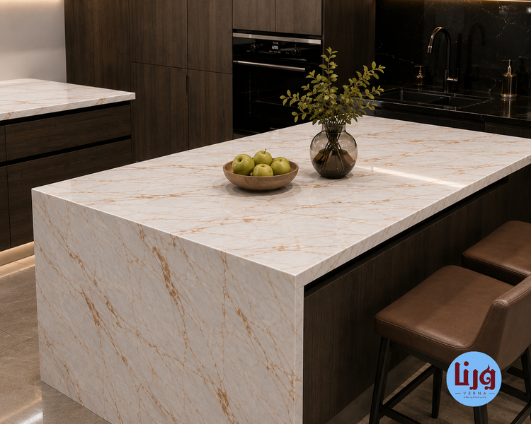 اجرای نصب برچسب طرح سنگ سفید با رگه شیرکاکائویی روی کانتر و صفحه کابینت