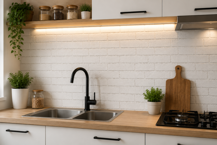 نصب برچسب بین کابینتی طرح آجری سفید کد 1-8227 روی دیوار آشپزخانه مدرن