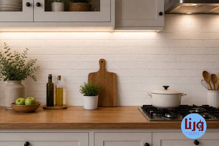نصب برچسب بین کابینتی طرح آجری سفید کد 1-8227 روی دیوار آشپزخانه مدرن
