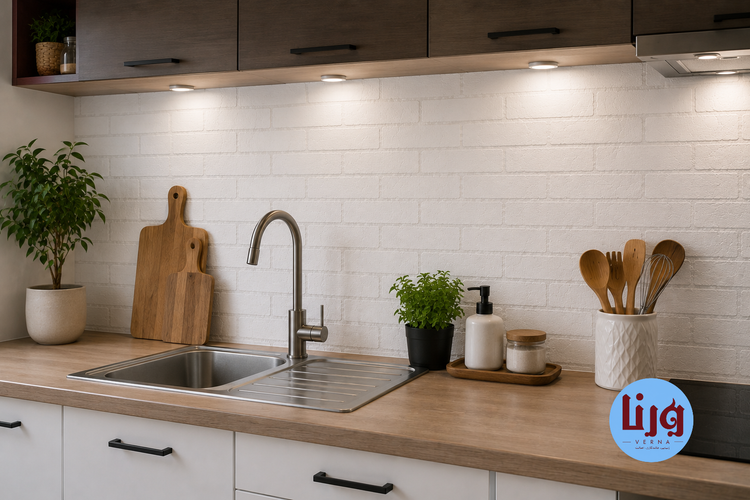 نصب برچسب بین کابینتی طرح آجری سفید کد 1-8227 روی دیوار آشپزخانه مدرن