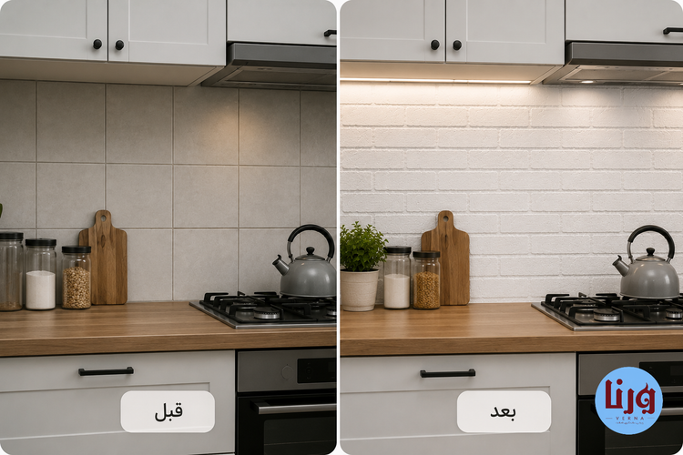 مقایسه قبل و بعد اجرای برچسب بین کابینتی طرح آجری سفید کد 1-8227 روی دیوار آشپزخانه