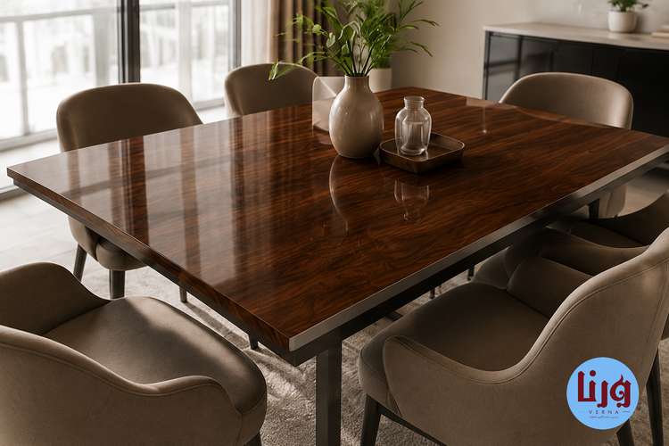 میز غذاخوری با سطح طرح چوب قهوهای هایگلاس هماهنگ با برچسب کابینت کد 3210