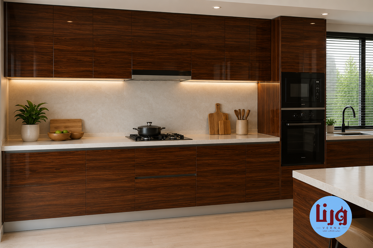 کابینت آشپزخانه مدرن با برچسب کابینت طرح چوب قهوهای هایگلاس کد 3210