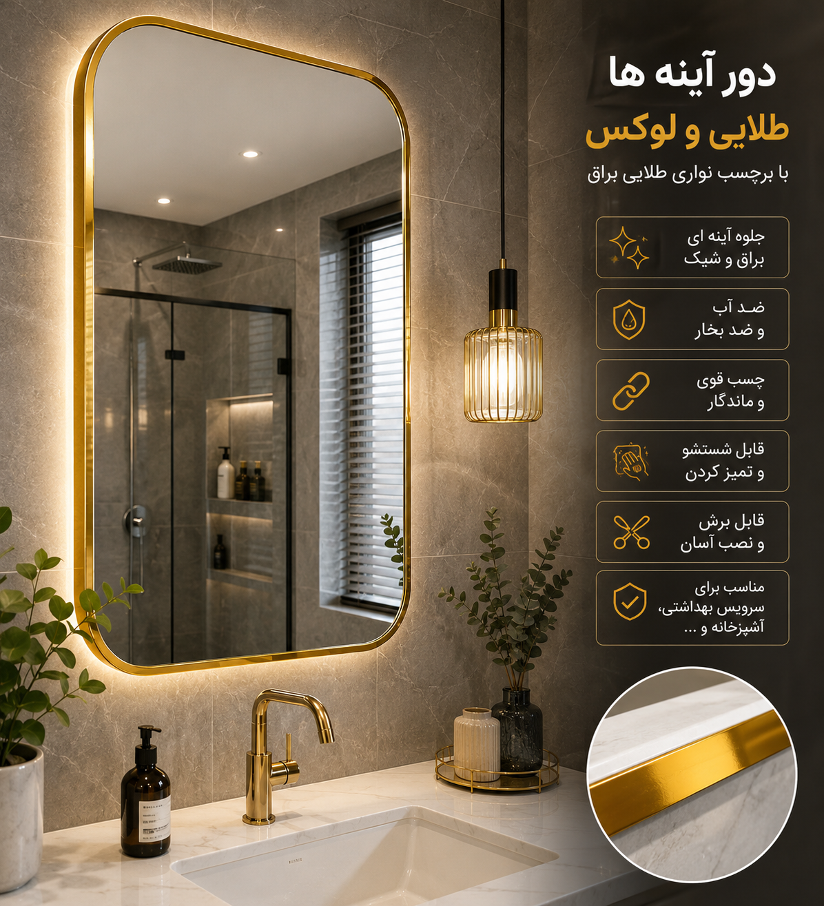 استفاده از نوار طلایی دکوراتیو دور آینه سرویس بهداشتی برای ایجاد قاب لوکس