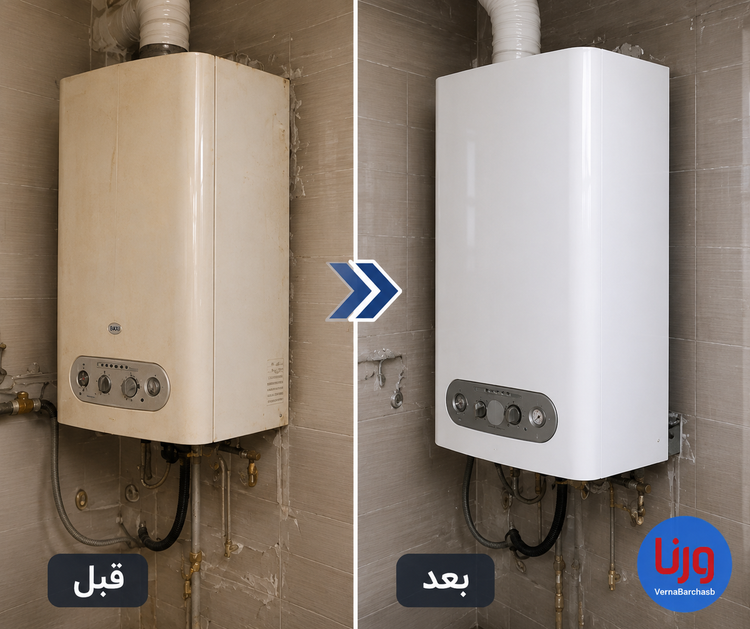 قبل و بعد اجرای برچسب سفید هایگلاس روی پکیج دیواری با پوشش براق و ضد آب کد VB10061