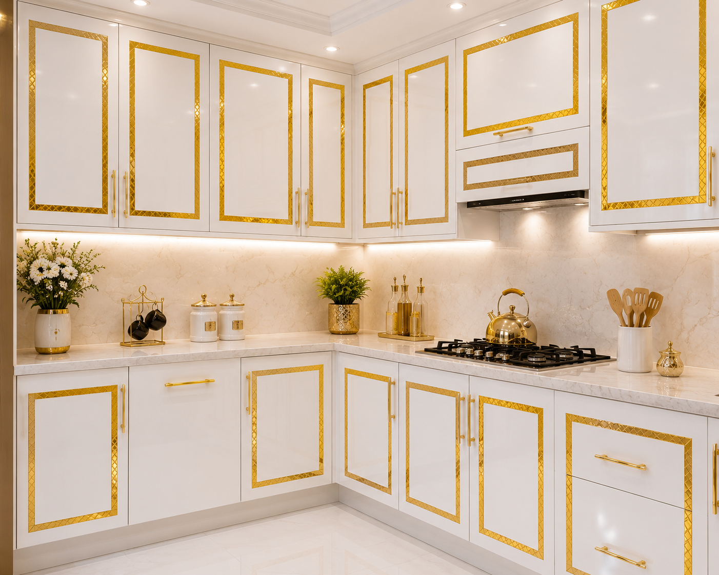 اجرای برچسب نواری طلایی دیسکاوری روی کابینت سفید آشپزخانه لوکس