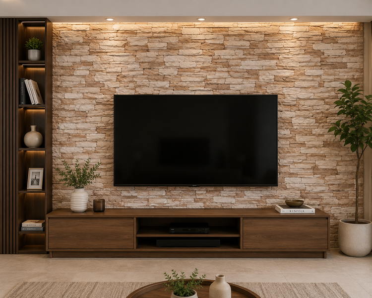 اجرای نصب برچسب طرح آجر پشت دیوار tv