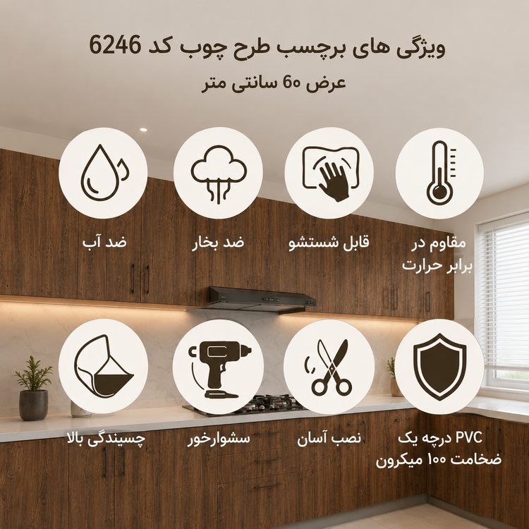 اینفوگرافیک مشخصات برچسب کابینت طرح چوب قهوهای روستیک کد 6246