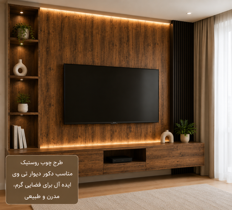 اجرای برچسب طرح چوب قهوهای روستیک روی دیوار پشت تلویزیون