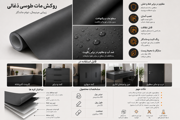 اینفوگرافیک مشخصات و ویژگیهای برچسب کابینت مات طوسی ذغالی کد 2073