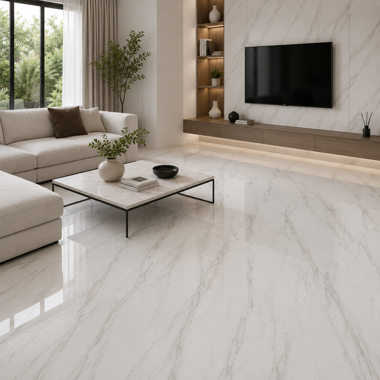 نمونه اجرای برچسب کف PVC طرح سنگ سفید گلاس کد 113 در سالن پذیرایی