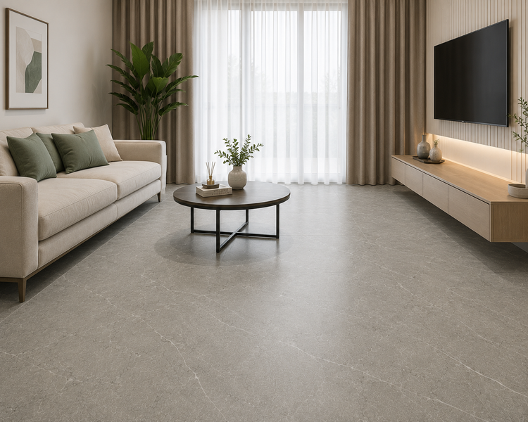 نمونه نصب برچسب کف PVC طرح سنگ سوپر مات طوسی سدری کد 120 در سالن پذیرایی