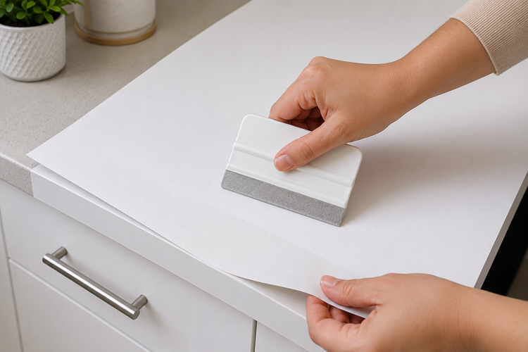 نصب برچسب کابینت سفید مات با کاردک برای جلوگیری از ایجاد حباب