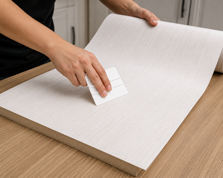 نصب برچسب کابینت طرح چوب سفید برجسته کد 6252 با کاردک روی صفحه MDF