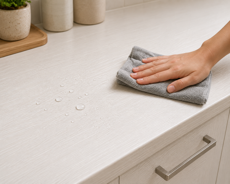 تمیز کردن برچسب کابینت طرح چوب سفید برجسته کد 6252 با دستمال میکروفایبر