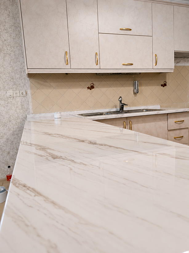 اجرای برچسب کابینت و کانتر طرح سنگ هایگلاس سفید رگه شیر کاکائو یورودکور با روکش PVC ضد آب