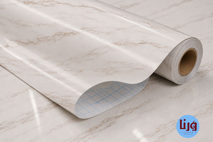 رول برچسب کابینت PVC طرح سنگ هایگلاس سفید رگه شیر کاکائو مناسب کابینت، بین کابینتی و دیوار آشپزخانه