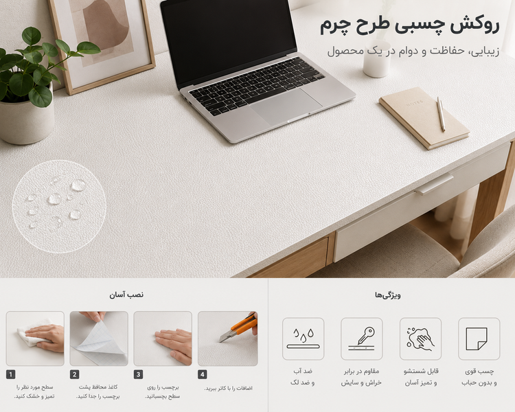 میز کار مدرن روکش شده با برچسب طرح چرم سفید کد 7284 همراه لپتاپ و نمایش بافت چرمی و مراحل نصب