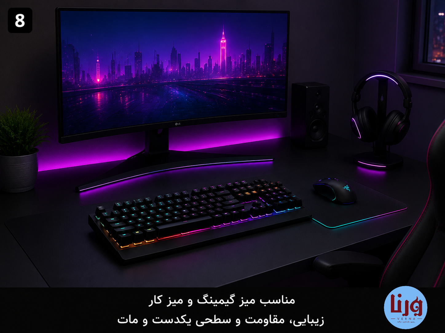 اجرای برچسب کابینت مشکی مات روی میز گیمینگ مدرن با مانیتور، کیبورد و تجهیزات کامپیوتر