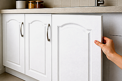 نمای نزدیک برچسب کابینت سفید مات نصب شده روی درب کابینت MDF