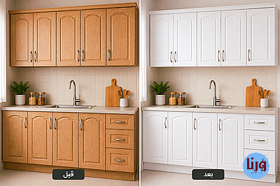 مقایسه قبل و بعد نصب برچسب کابینت سفید مات روی کابینت قدیمی
