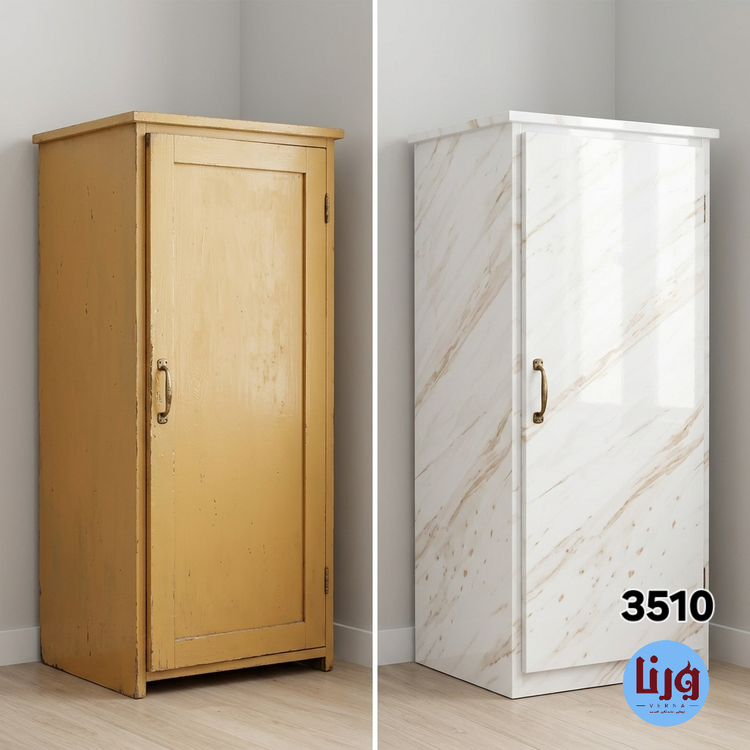 مقایسه قبل و بعد نصب برچسب کابینت سفید طرح سنگ هایگلاس رگه کرم کد 3510