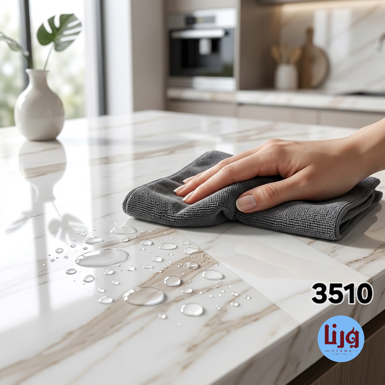 تست ضد آب بودن برچسب کابینت سفید طرح سنگ هایگلاس رگه کرم کد 3510