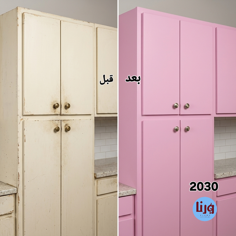 قبل و بعد نصب برچسب کابینت صورتی مات کد 2030