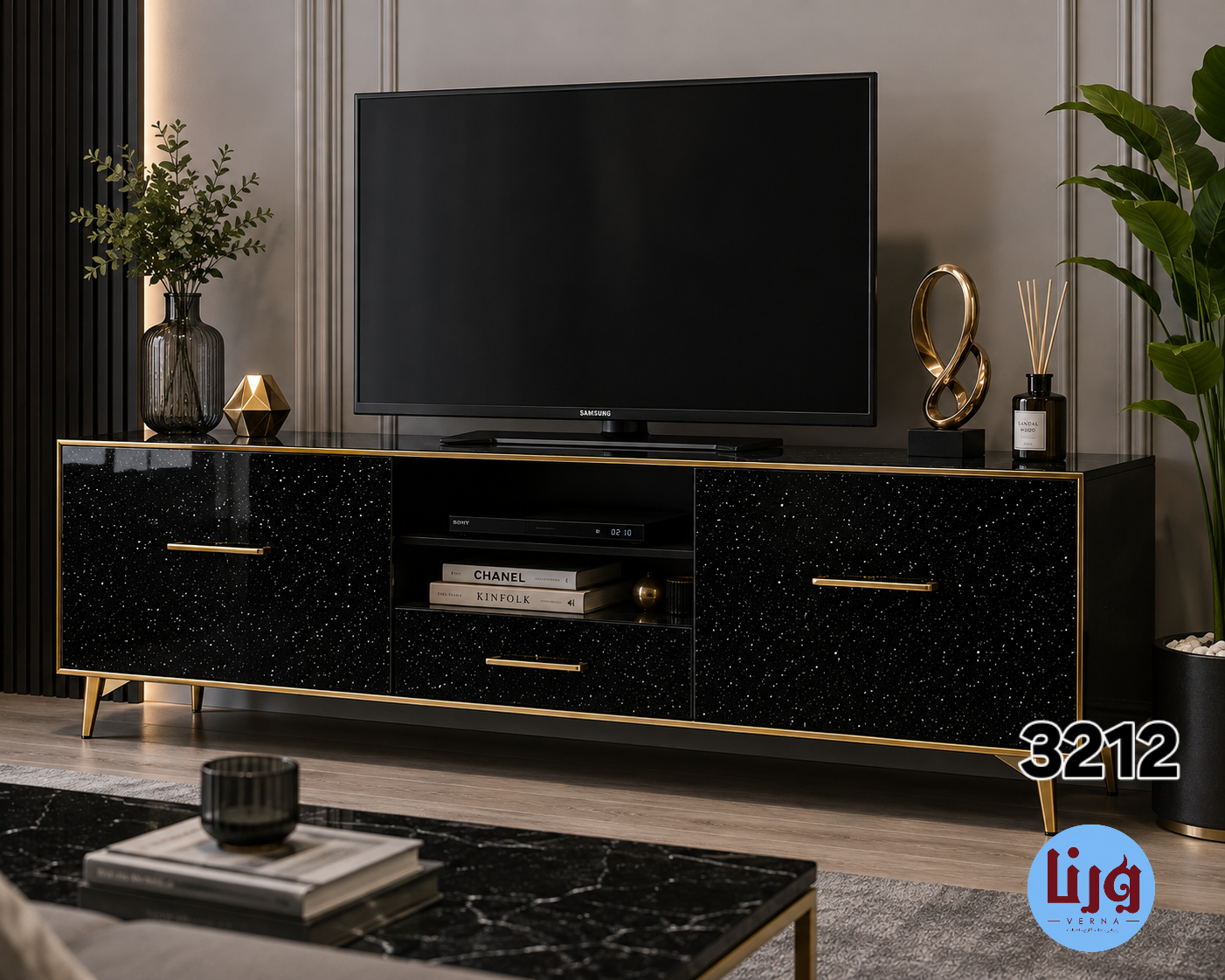 اجرای برچسب مشکی شاین اکلیلی روی میز تلویزیون