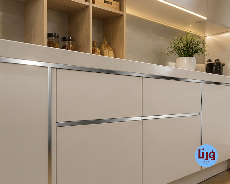 دیزاین و ایجاد خطوط دکوراتیو روی درهای کابینت آشپزخانه با نوار استیل ۱ سانتی