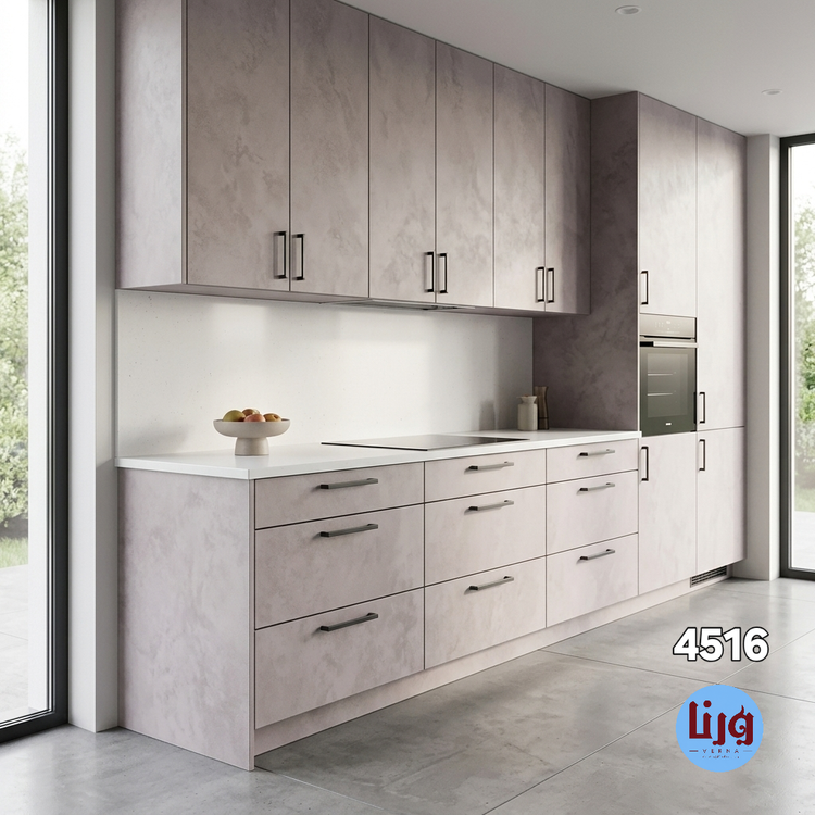 کاور کامل درهای کابینت آشپزخانه مدرن با برچسب پی وی سی بتن طوسی یاسی