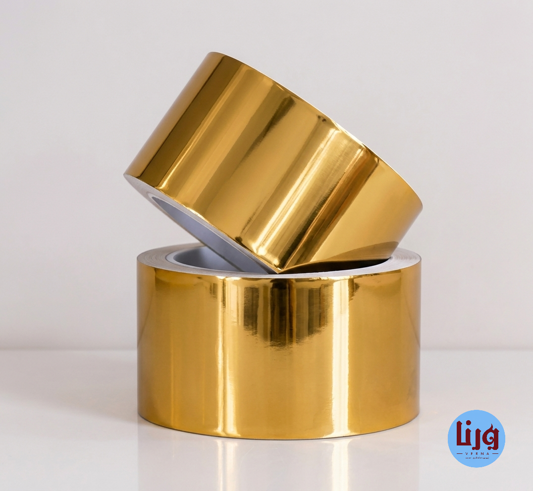 رول برچسب نواری طلایی آینه‌ای براق عرض 10 سانتی‌متر با چیدمان استودیویی
