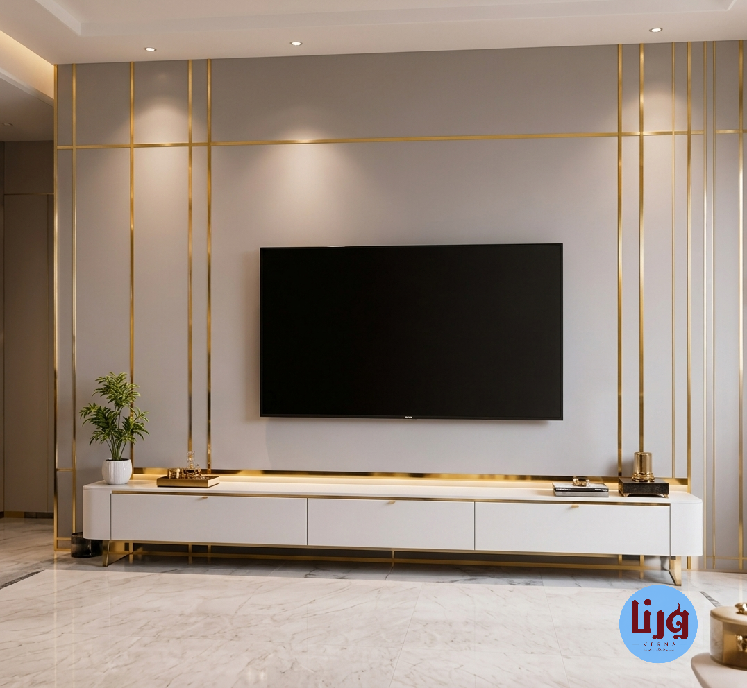 استفاده از برچسب نواری طلایی آینهای برای قاببندی دیوار تلویزیون و دکوراسیون مدرن