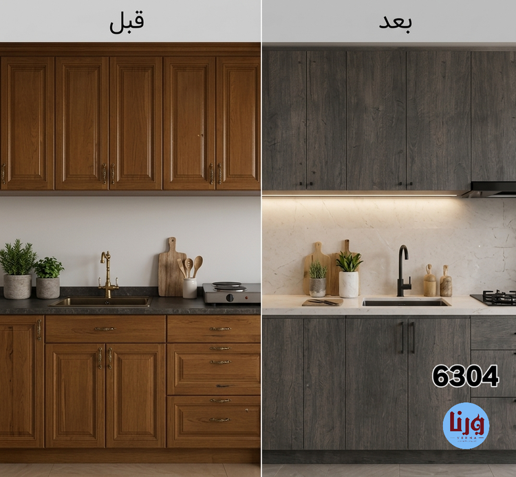 تغییر کابینت قدیمی با برچسب طرح چوب برجسته طوسی کد 6304 قبل و بعد نصب