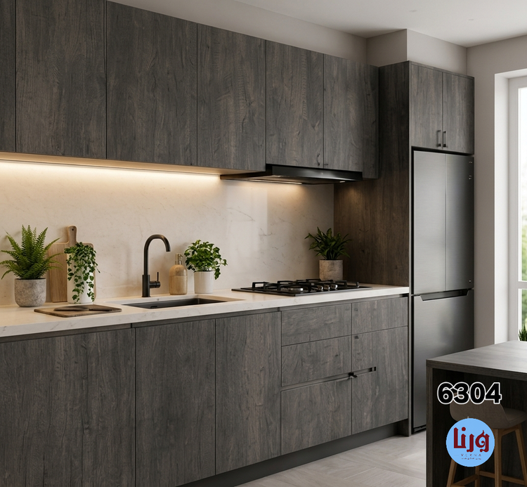 کابینت آشپزخانه مدرن روکش شده با برچسب طرح چوب طوسی پررنگ 6304