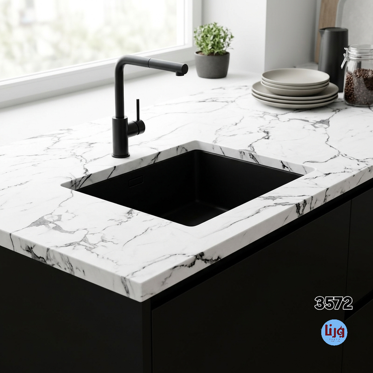 برچسب کابینت طرح سنگ مات سفید رگه مشکی کد 3572 عرض 90 سانتیمتر | روکش PVC خودچسب
