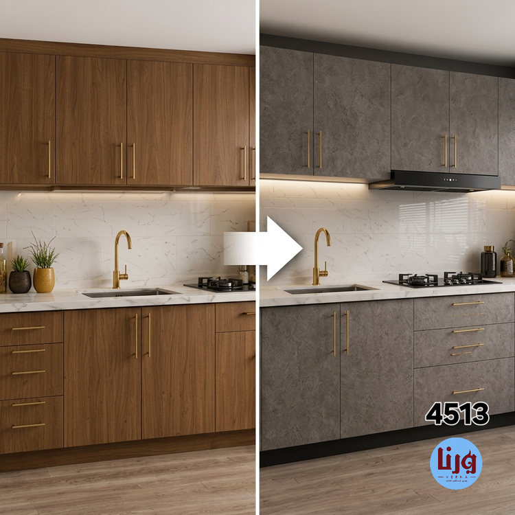مقایسه قبل و بعد نوسازی کابینت دیواری با برچسب بتن طوسی کد 4513